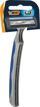 BIC Flex 3 Classic maszynka do golenia 1 sztuka, widok z przodu, w opakowaniu. Szara rączka z niebieskim gripem i ruchomą główką z 3 ostrzami.