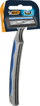 BIC Flex 3 Classic maszynka do golenia 1 sztuka, widok z przodu, w opakowaniu. Szara rączka z niebieskim gripem i ruchomą główką z 3 ostrzami.