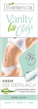 Bielenda Vanity bio Clays krem do depilacji suchej skóry z aloesem i glinką, zielono-biała tubka, widok z przodu.