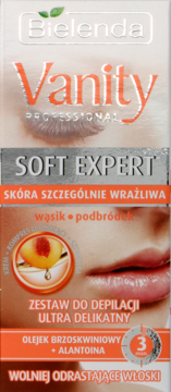 Bielenda Vanity Soft Expert zestaw do depilacji twarzy, z olejkiem brzoskwiniowym, biało-pomarańczowe opakowanie.