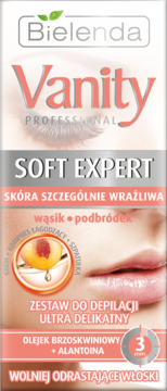 Biały zestaw Bielenda Vanity Soft Expert do depilacji wrażliwej skóry, z olejkiem brzoskwiniowym, wąsik/podbródek.