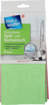 Biało-zielone opakowanie Flink & Sauber Mikrofaser ściereczek do kuchni i naczyń, 4 sztuki, zielono-różowe.