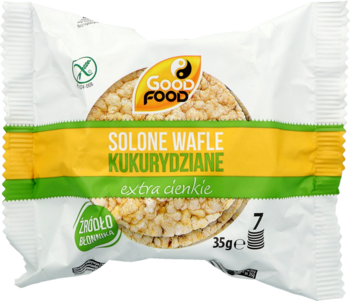 Białe opakowanie Good Food słonych wafli kukurydzianych extra cienkich, bezglutenowych. Widok z przodu.