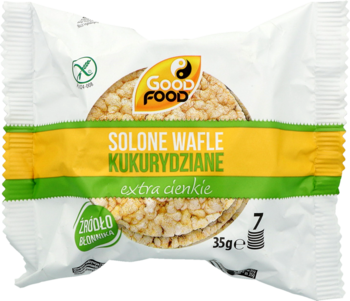 Białe opakowanie Good Food słonych wafli kukurydzianych extra cienkich, bezglutenowych. Widok z przodu.