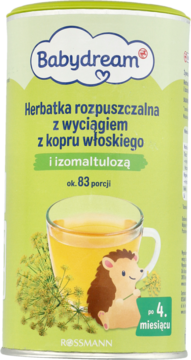 Zielona puszka Babydream herbatka z kopru włoskiego dla niemowląt po 4. miesiącu, widok z przodu z grafiką jeża.