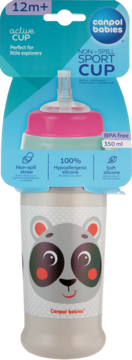 Canpol Babies Non-Spill Sport Cup 350ml, szary bidon z różowo-zieloną górą i rurką, z nadrukiem pandy, w blistrze.