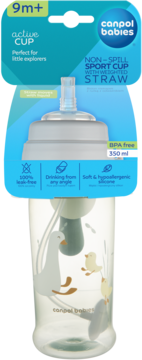 Canpol Babies bidon niekapek 350ml dla 9m+, z odważnikiem i kaczkami, w niebieskim opakowaniu, widok z przodu.
