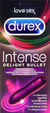 Opakowanie Durex Intense Delight Bullet z fioletowym wibratorem w kształcie pocisku, na ciemnym tle z różowymi światłami.
