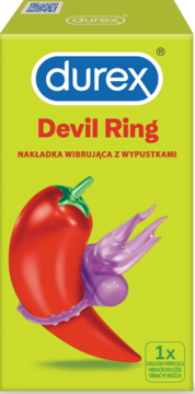 Front opakowania Durex Devil Ring, lime green, z czerwoną papryczką chili i fioletową wibrującą nakładką.