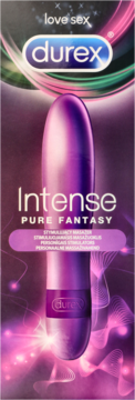 Fioletowy masażer Durex Intense Pure Fantasy w błyszczącym opakowaniu z logo Durex, ujęcie z przodu.