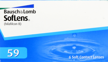 Pudełko Bausch & Lomb SofLens (hilafilcon II) 6 soczewek, niebiesko-białe z kroplami wody, widok z przodu.