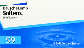 Pudełko Bausch & Lomb SofLens, biało-niebieskie, z 6 miękkimi soczewkami kontaktowymi, widok z przodu.