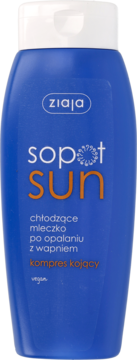 Ziaja Sopot Sun chłodzące mleczko po opalaniu w niebieskiej butelce z wapniem, widok z przodu.