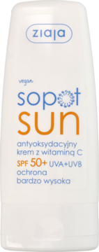 Ziaja Sopot Sun SPF 50+ krem z witaminą C w białej tubce, wysoka ochrona UV, widok z przodu.