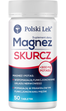 Biała butelka Magnez SKURCZ, Polski Lek, suplement diety z potasem, 50 tabletek, widok z przodu.