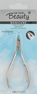 Srebrne cążki do skórek For Your Beauty w blistrze na niebieskim tle, z napisem MANICURE.