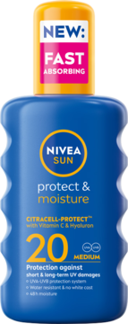 NIVEA SUN Protect & Moisture ,spray do opalania, nawilżający, SPF 20,przód
