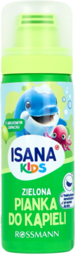 Zielona pianka do kąpieli Isana Kids o jabłkowym zapachu, z delfinem i ośmiornicą, widok z przodu.