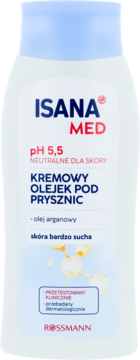 Biała butelka Isana Med kremowy olejek pod prysznic dla skóry suchej, widok z przodu, niebieska nakrętka.