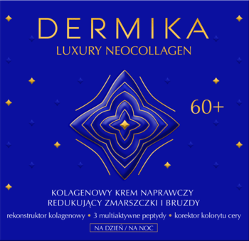 Niebieskie opakowanie Dermika Neocollagen 60+, krem naprawczy z kolagenem, na dzień/noc. Złoty wzór, redukuje zmarszczki.