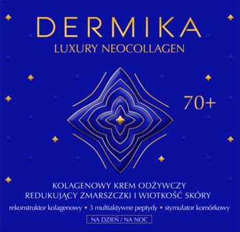 Dermika Luxury Neocollagen kolagenowy krem odżywczy 70+, granatowe opakowanie ze złotym wzorem.