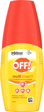 Żółty repelent OFF! multi insect z czerwoną nakrętką, chroni do 8h przed komarami i kleszczami, widok z przodu.
