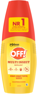 Żółty repelent OFF! Multi Insect w butelce z czerwoną nakrętką, nr 1 w UE, chroni do 8h przed kleszczami, komarami.