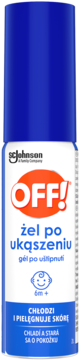 OFF! żel po ukąszeniu 6m+ w niebiesko-białej butelce z pomarańczowym logo, widok z przodu. Chłodzi i pielęgnuje skórę.