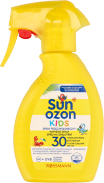 Żółty spray przeciwsłoneczny Sunozon Kids SPF 30, wodoodporny, butelka z pompką, widok z przodu.