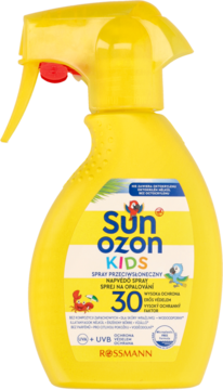 Żółty spray przeciwsłoneczny Sunozon Kids SPF 30, wodoodporny, butelka z pompką, widok z przodu.