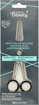 Srebrne nożyczki fryzjerskie For Your Beauty Rost frei z regulowaną śrubą, w szarym opakowaniu Rossmann, widok z przodu.