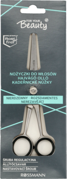 Srebrne nożyczki fryzjerskie For Your Beauty Rost frei z regulowaną śrubą, w szarym opakowaniu Rossmann, widok z przodu.