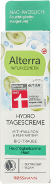 Alterra Hydro Tagescreme, białe opakowanie, widok z przodu, krem na dzień z kwasem hialuronowym do skóry suchej.