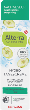Alterra Hydro krem na dzień, biała tubka z zieloną etykietą, dla skóry suchej, z bio winogronem i hialuronem.