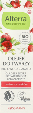 Alterra Olejek do twarzy BIO Granat dla bardzo suchej skóry, białe pudełko z ilustracją granatów, widok z przodu.