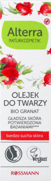 Alterra Olejek do twarzy Bio Granat Rossmann, białe opakowanie z ilustracją granatu, dla skóry bardzo suchej.