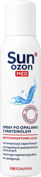 Biały spray Sun Ozon Med po opalaniu z pantenolem, natychmiastowa ulga. Widok z przodu, logo Rossmann.