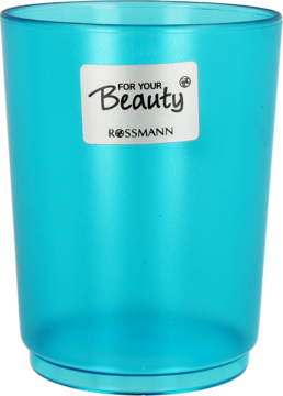 Turkusowy, transparentny plastikowy kubek For Your Beauty Rossmann do zębów, widok z przodu.