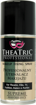 Theatric Professional Makeup Fixing Spray, czarna nakrętka, złoty korpus. Widok z przodu z tekstem Profesjonalny Utrwalacz Makijażu.