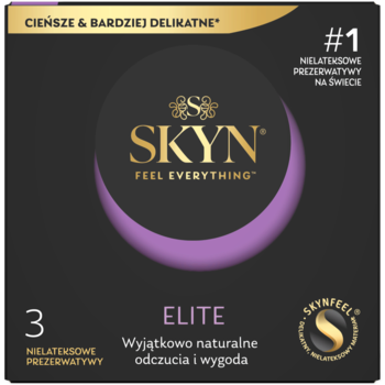 Frontowe ujęcie opakowania 3 nielateksowych prezerwatyw Skyn Elite, czarno-fioletowe, ze złotym logo i napisem #1 na świecie.