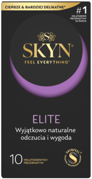 Czarne opakowanie prezerwatyw Skyn Elite, 10 szt., z fioletowym łukiem, opis: nielateksowe, cieńsze i delikatne.