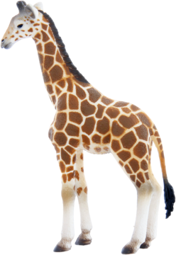 Zabawka figurka żyrafy, stojąca, brązowo-kremowa z realistycznymi łatami, widok z boku.