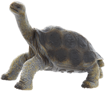 Zabawka figurka żółw, szaro-brązowy z wyraźną teksturą skorupy, długa szyja, widok z boku.