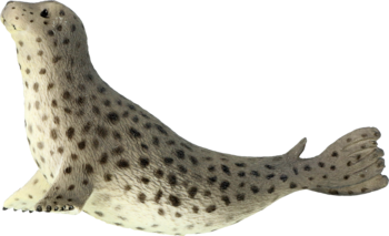 Realistyczna figurka foki w cętki, beżowa z brązowymi plamkami, przedstawiona w pozycji leżącej z boku.