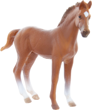 Figurka źrebaka zabawka, brązowa z białymi znaczeniami na czole i nogach, stojąca, realistyczna.