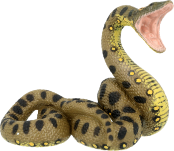 Figurka anakondy z otwartą paszczą, zielono-żółta z czarnymi plamami, zwinięta, widok z przodu.