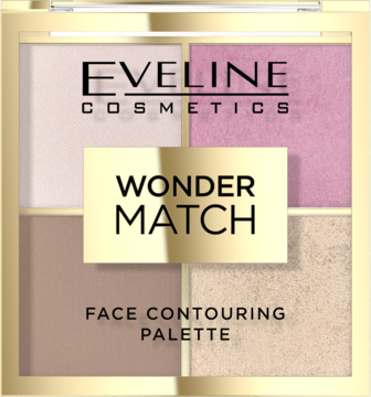 Złota paleta Eveline Wonder Match 4w1: bronzer, róż, rozświetlacz, puder. Zapach czekolady, widok z góry.
