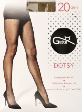 Opakowanie rajstop Gatta Dotsy 20 den: transparentne z drobnymi czarnymi kropkami, widoczne na nogach modelki.