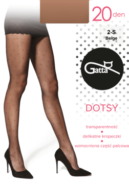 Modelka w transparentnych, beżowych rajstopach Gatta Dotsy 20 den, z drobnymi kropeczkami i wzmocnioną częścią palcową.