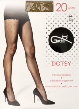 Opakowanie transparentnych rajstop Gatta DOTSY 20 den, czarne w drobne kropki, wzmocnione palce, na modelce.